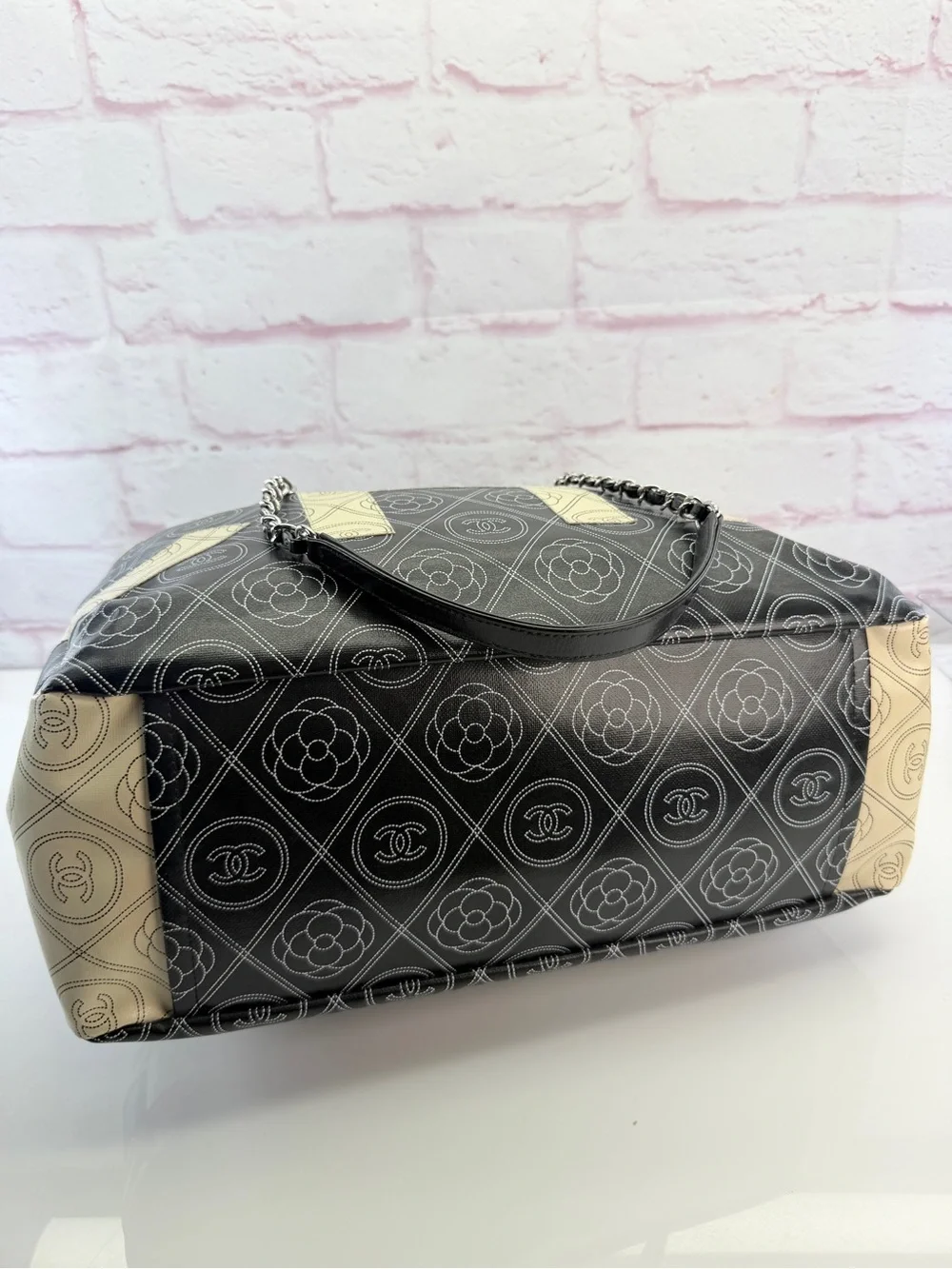 Chanel Coated Canvas Camellia Medium Shopping Tote Black Beige